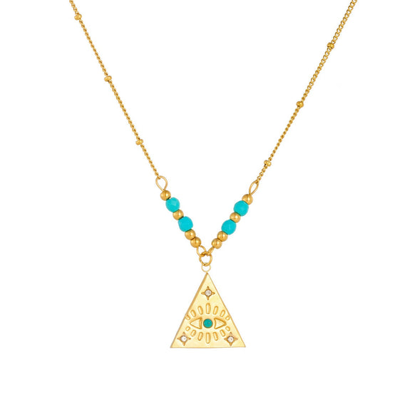 Wholesale Women's Medieval Geometric Blue Turquoise Rhinestone Eye Pattern Triangular Pendant Stainless Steel Electroplated Necklace