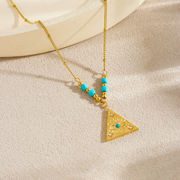 Wholesale Women's Medieval Geometric Blue Turquoise Rhinestone Eye Pattern Triangular Pendant Stainless Steel Electroplated Necklace