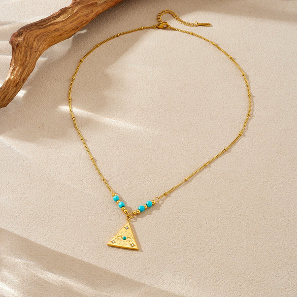 Wholesale Women's Medieval Geometric Blue Turquoise Rhinestone Eye Pattern Triangular Pendant Stainless Steel Electroplated Necklace