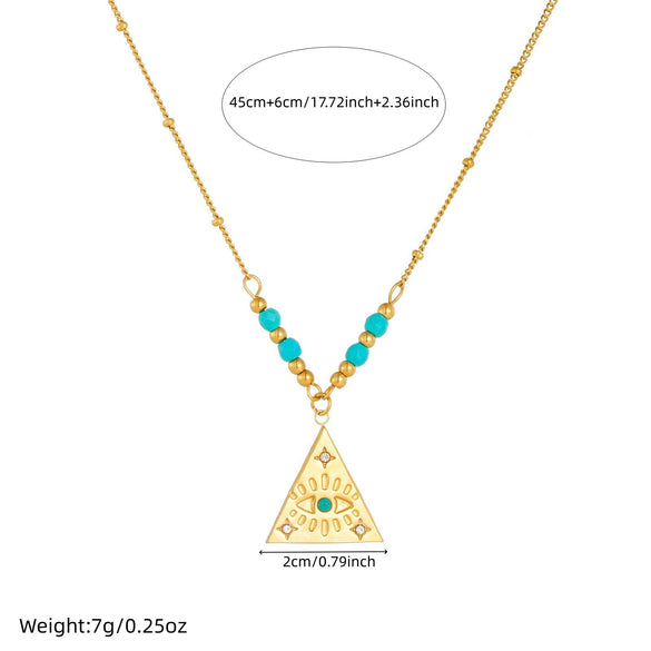 Wholesale Women's Medieval Geometric Blue Turquoise Rhinestone Eye Pattern Triangular Pendant Stainless Steel Electroplated Necklace
