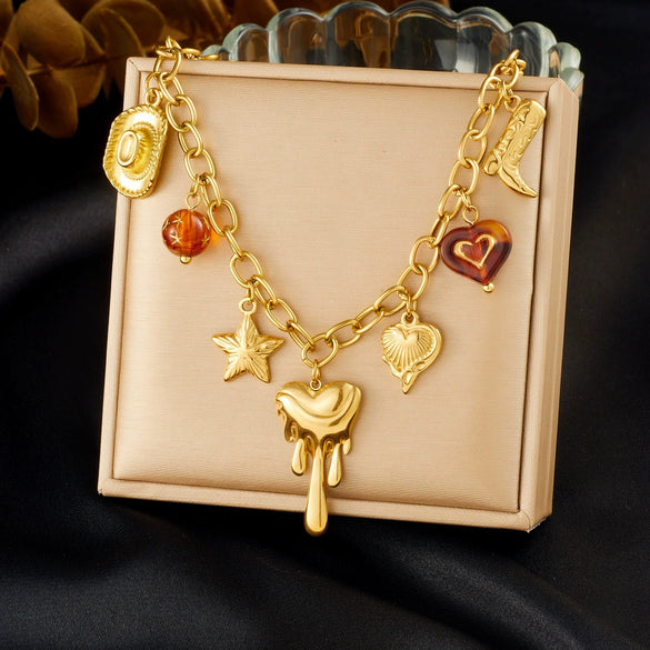 Wholesale Women's Medieval Multielement Heartshaped Goldplated Stainless Steel Pendant Necklace With Oshaped Chain