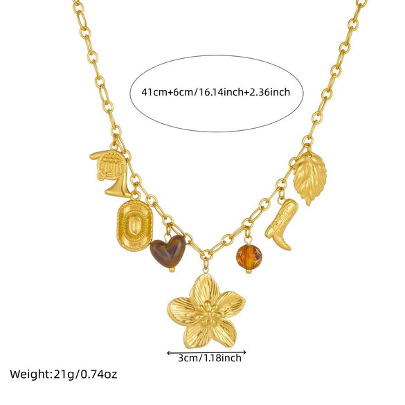 Wholesale Women's Medieval Style Flower Heartshaped Stainless Steel Electroplated Pendant Chain Necklace With Oshaped Chain