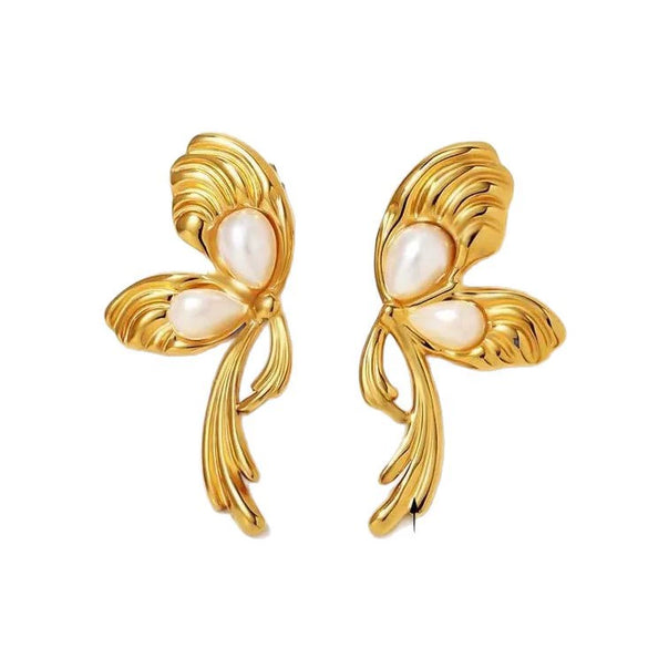 Wholesale Women's Medieval Style Geometric Butterfly Pearl Tassel Stainless Steel Stamped Earrings