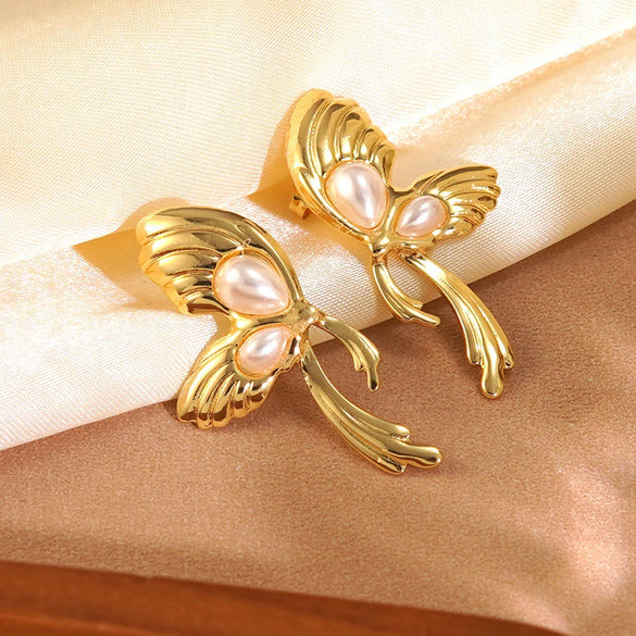 Wholesale Women's Medieval Style Geometric Butterfly Pearl Tassel Stainless Steel Stamped Earrings