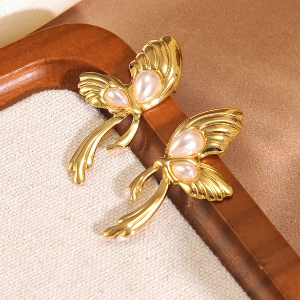 Wholesale Women's Medieval Style Geometric Butterfly Pearl Tassel Stainless Steel Stamped Earrings