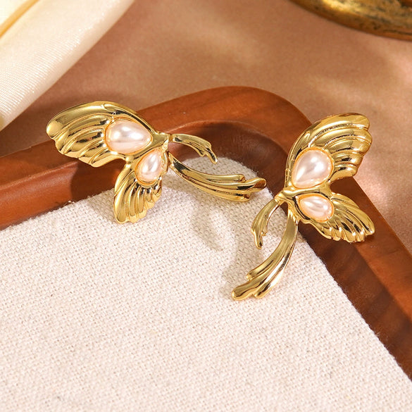 Wholesale Women's Medieval Style Geometric Butterfly Pearl Tassel Stainless Steel Stamped Earrings