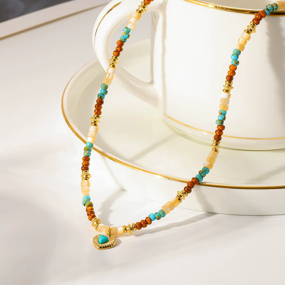 Wholesale Women's Medieval Style Geometric Natural Stone And Stainless Steel Handmade Beaded Real Gold Plated Necklace