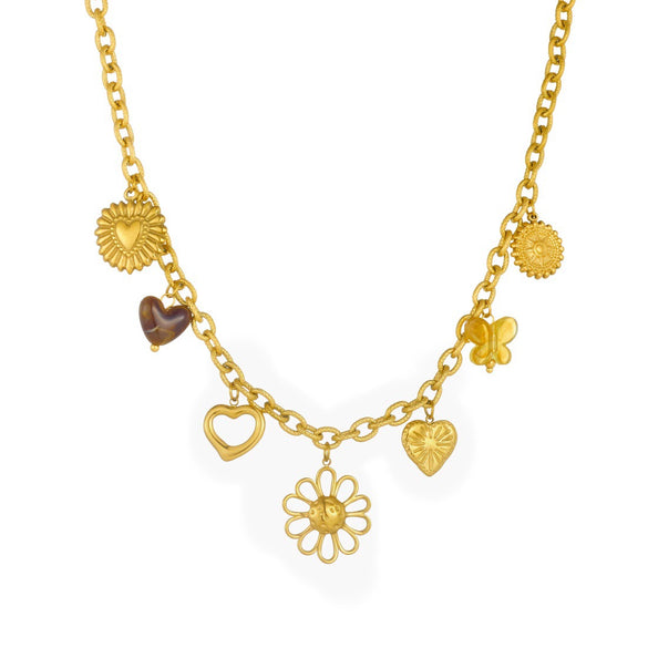 Wholesale Women's Medieval Style Gold Electroplated Stainless Steel Flower Heartshaped Compass Pendant Necklace With Oshaped Chain