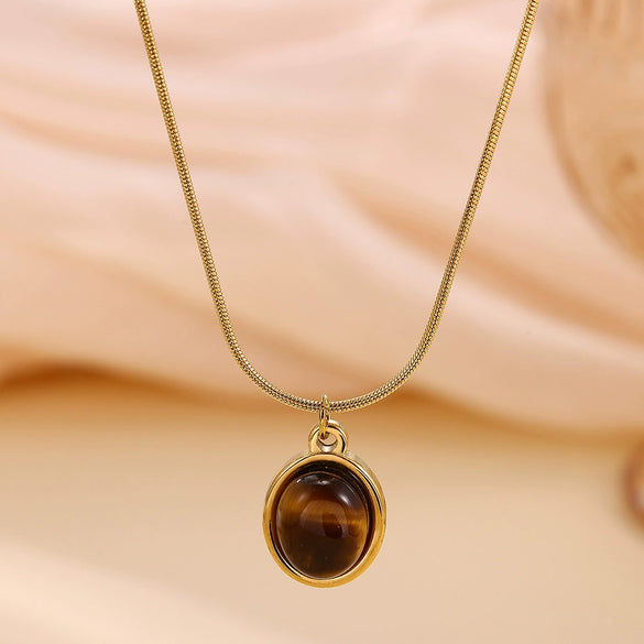 Wholesale Women's Medieval Style Gold Plated Geometric Oval Tiger Eye Pendant Necklace With Rope Chain