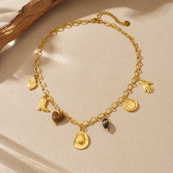 Wholesale Women's Medieval Style Gold Plated Stainless Steel Cross Cowboy Elements Pendant Necklace With Oshaped Chain