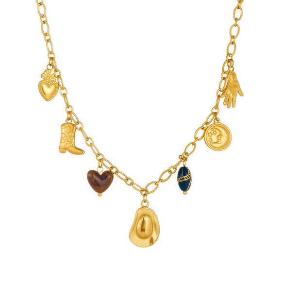Wholesale Women's Medieval Style Gold Plated Stainless Steel Cross Cowboy Elements Pendant Necklace With Oshaped Chain
