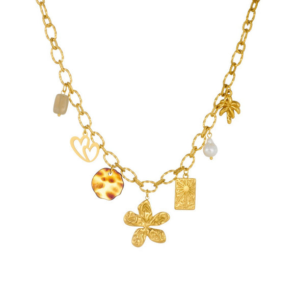 Wholesale Women's Medieval Style Goldplated Stainless Steel Cut Out Heartshaped Flower Leopard Print Pendant Necklace With Flash O Chain