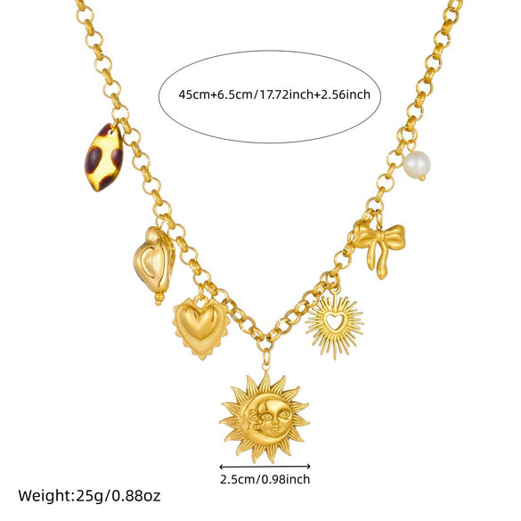 Wholesale Women's Medieval Style Goldplated Stainless Steel Sun Face Heartshaped Bow Tie Pendant Necklace With O Word Chain