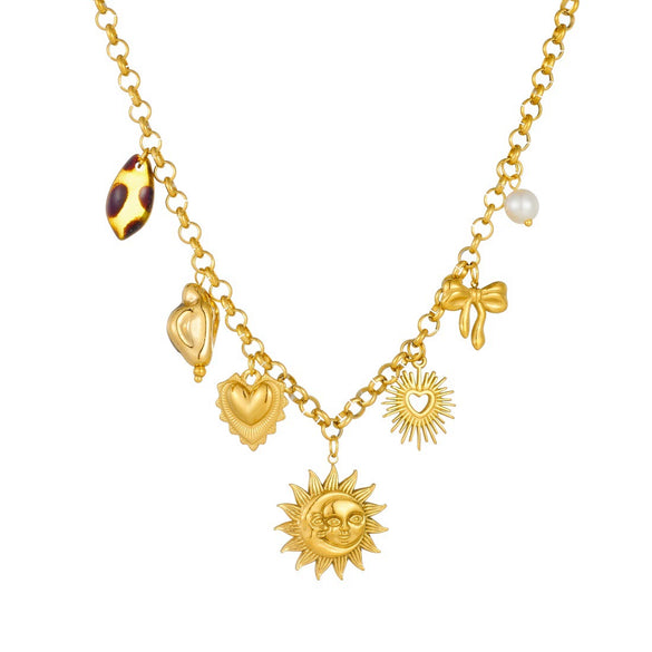 Wholesale Women's Medieval Style Goldplated Stainless Steel Sun Face Heartshaped Bow Tie Pendant Necklace With O Word Chain