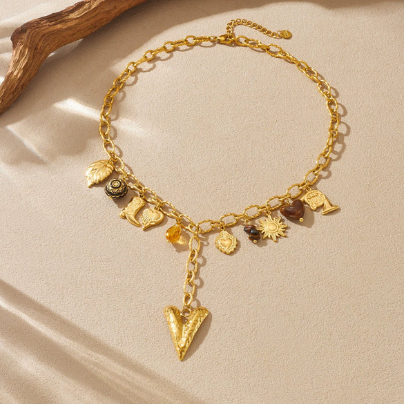 Wholesale Women's Medieval Style Heart Shape Goldplated Stainless Steel Oshaped Chain Pendant Necklace