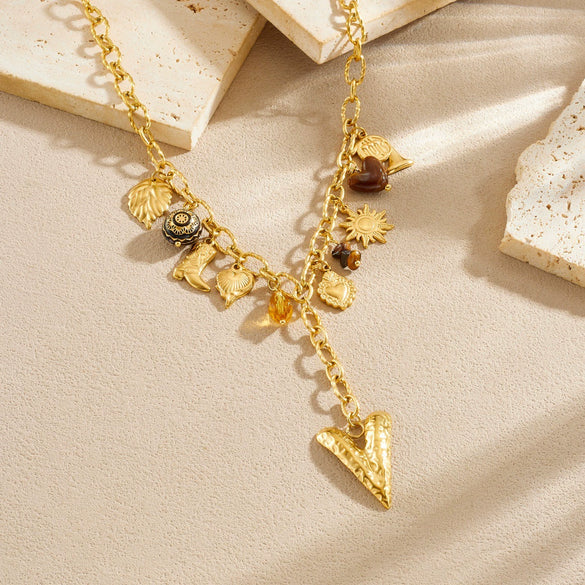 Wholesale Women's Medieval Style Heart Shape Goldplated Stainless Steel Oshaped Chain Pendant Necklace