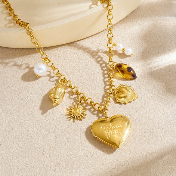 Wholesale Women's Medieval Style Heart Shape Leopard Print Goldplated Stainless Steel Pendant Necklace With O Word Chain