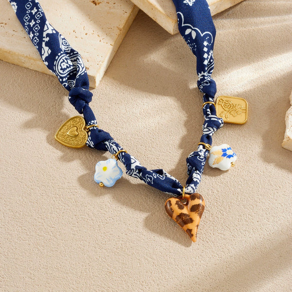Wholesale Women's Medieval Style Heartshaped Leopard Print Stainless Steel Goldplated Pendant Rope Chain Necklace