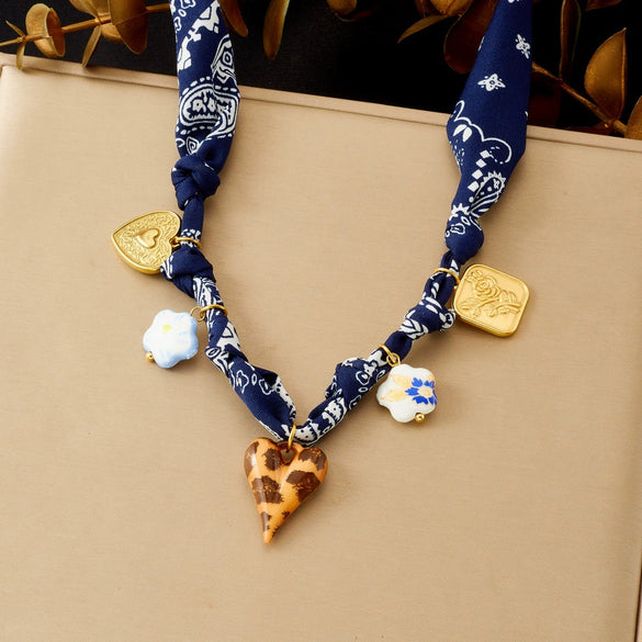 Wholesale Women's Medieval Style Heartshaped Leopard Print Stainless Steel Goldplated Pendant Rope Chain Necklace