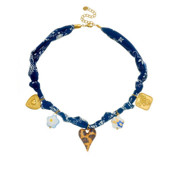 Wholesale Women's Medieval Style Heartshaped Leopard Print Stainless Steel Goldplated Pendant Rope Chain Necklace