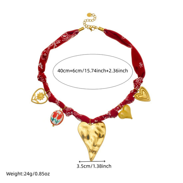 Wholesale Women's Medieval Style Heartshaped Printed Ceramic Goldplated Stainless Steel Love Necklace