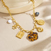 Wholesale Women's Medieval Style Leopard Print Stainless Steel Electroplated Flower Square Oval Sun Necklace With Flat Cross Chain