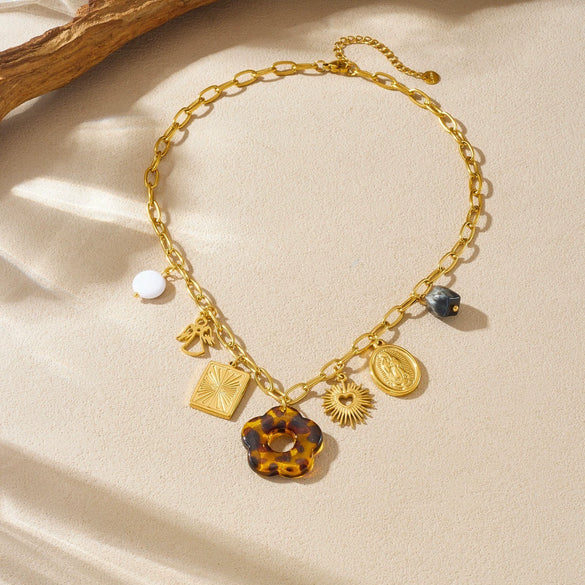 Wholesale Women's Medieval Style Leopard Print Stainless Steel Electroplated Flower Square Oval Sun Necklace With Flat Cross Chain