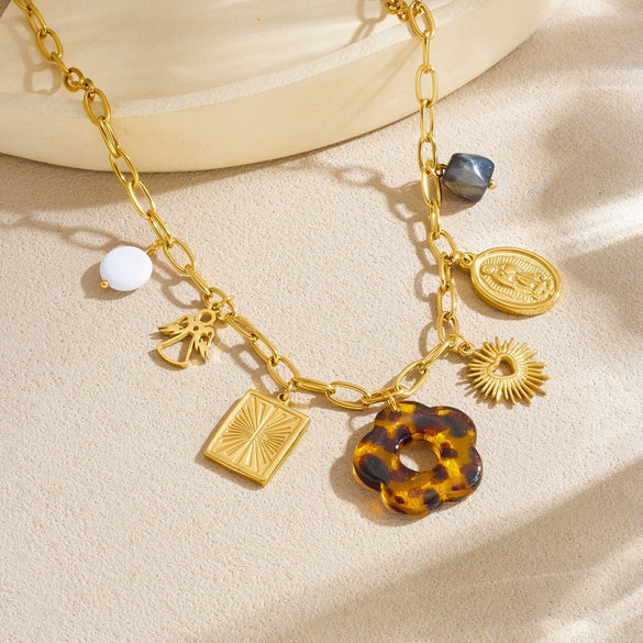 Wholesale Women's Medieval Style Stainless Steel Leopard Print Flower Gold Electroplated Pendant Necklace With Flat Cross Chain