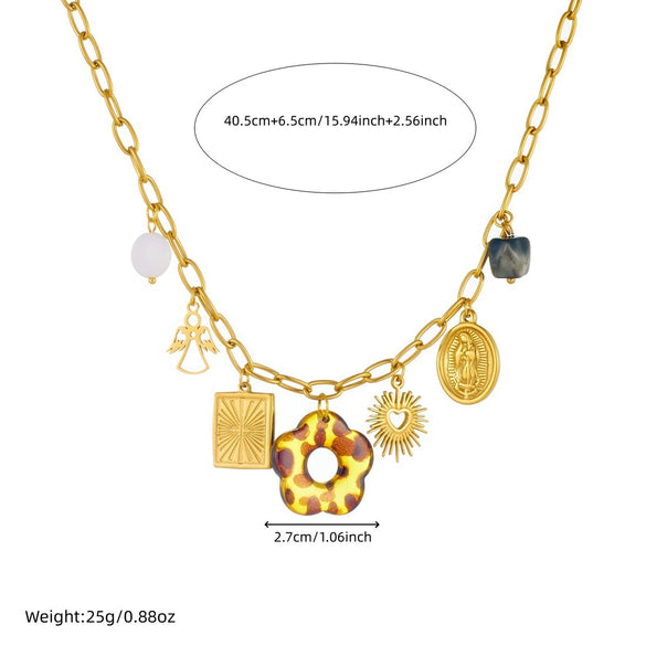 Wholesale Women's Medieval Style Stainless Steel Leopard Print Flower Gold Electroplated Pendant Necklace With Flat Cross Chain