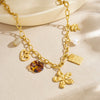 Wholesale Women's Medieval Style Stainless Steel Necklace With Gold Plated Flower Leopard Print Heart And Square Hollow Pendant And Flash O Chain