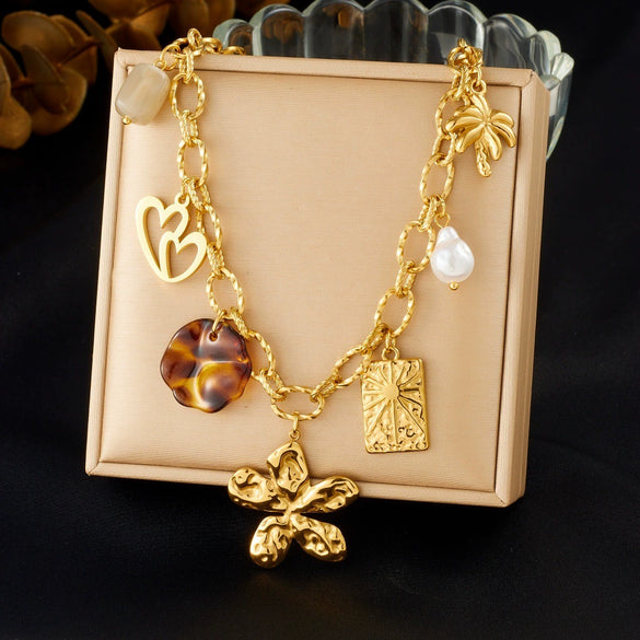 Wholesale Women's Medieval Style Stainless Steel Necklace With Gold Plated Flower Leopard Print Heart And Square Hollow Pendant And Flash O Chain