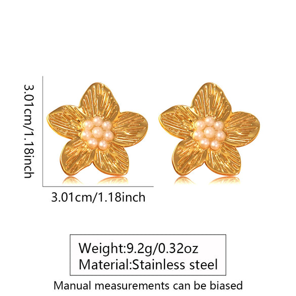 Wholesale Women's Medieval Style Stamped Stainless Steel Flower Pearl Earrings