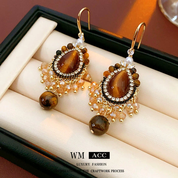 Wholesale Women's Medieval Vintage Earrings Alloy Artificial Tiger Eye Stone Pearl Ear Hooks Geometric Zirconia