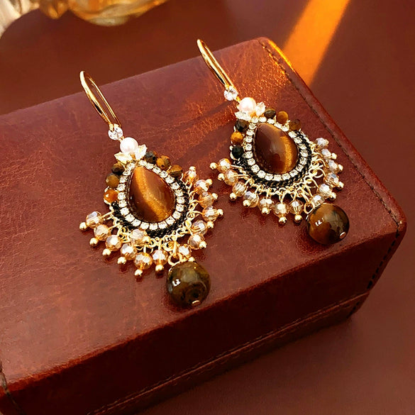 Wholesale Women's Medieval Vintage Earrings Alloy Artificial Tiger Eye Stone Pearl Ear Hooks Geometric Zirconia
