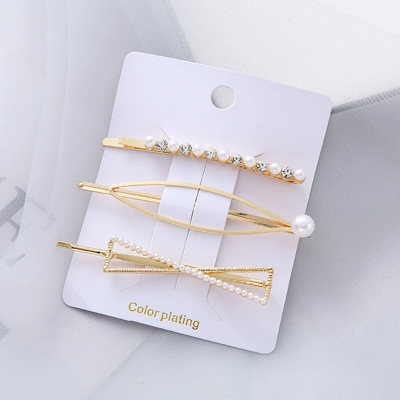 Wholesale Women's Metal Electroplated Pearl Crystal Diamond Bangs Clip Hair Accessories Fashion Ol Geometric Style