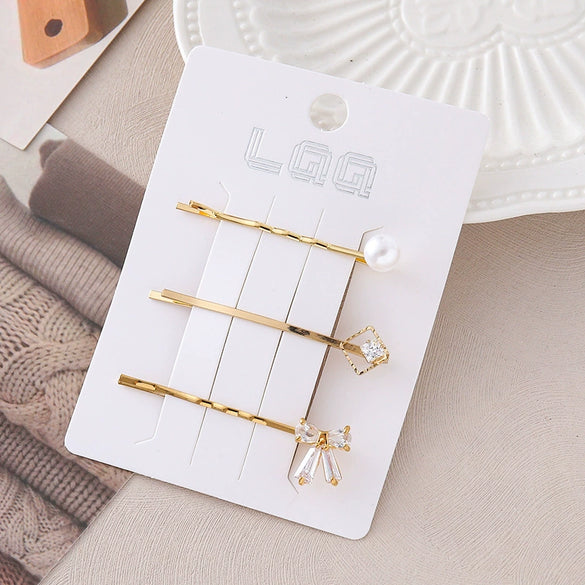 Wholesale Women's Metal Electroplated Pearl Crystal Diamond Bangs Clip Hair Accessories Fashion Ol Geometric Style