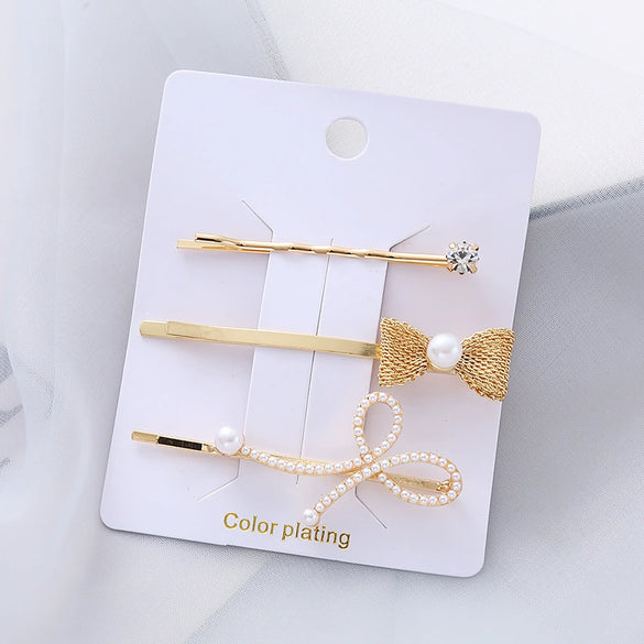 Wholesale Women's Metal Electroplated Pearl Crystal Diamond Bangs Clip Hair Accessories Fashion Ol Geometric Style