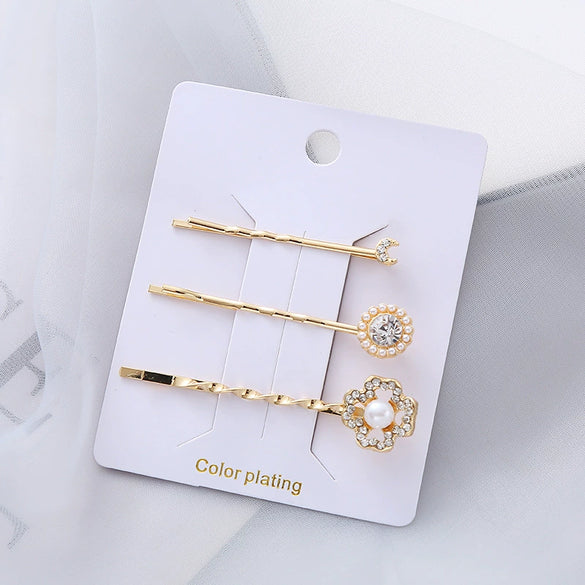 Wholesale Women's Metal Electroplated Pearl Crystal Diamond Bangs Clip Hair Accessories Fashion Ol Geometric Style