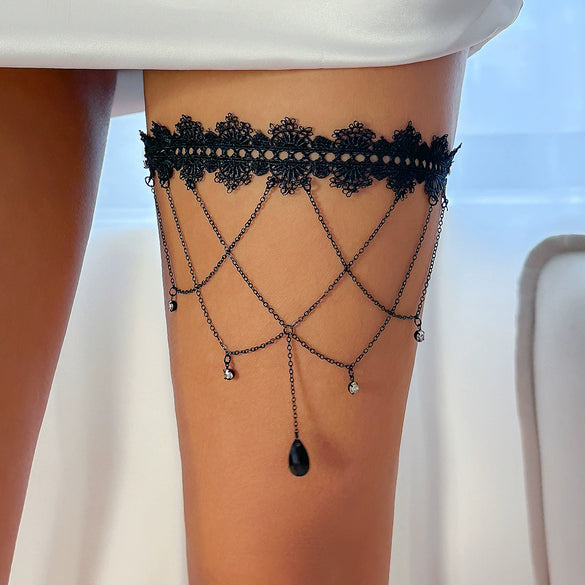 Wholesale Women's Metal Lace Elastic Belt Plastic Heart Tassel Thigh Chain Leg Ring