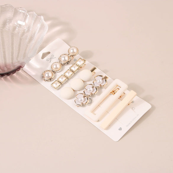 Wholesale Women's Metal Pearl Geometric Electroplated Side Clip Hairpin Set