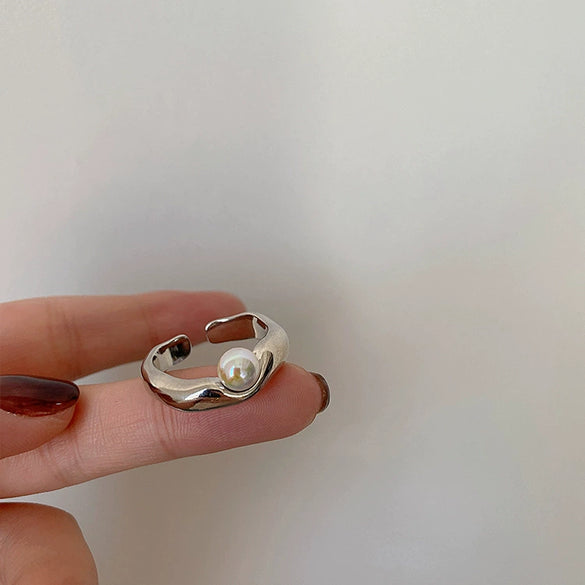 Wholesale Women's Metal Pearl Open Ring With Geometric Pattern And Electroplating Treatment