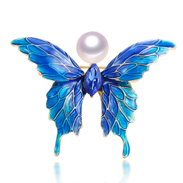 Wholesale Women's Minimalist Alloy Natural Pearl And Freshwater Pearl Brooch With Sapphire Blue Butterfly Design And Electroplating Finish
