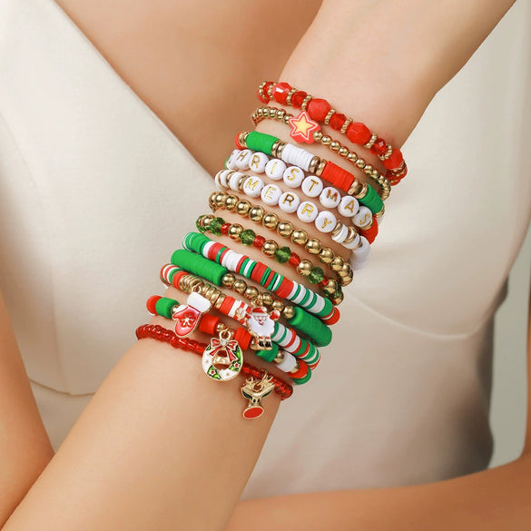 Wholesale Women's Minimalist Christmas Polymer Clay Bracelet With Snowflake And Christmas Tree Pendant