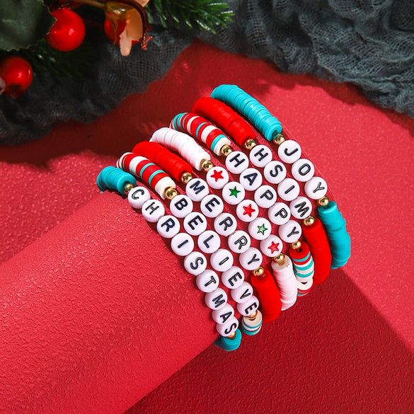 Wholesale Women's Minimalist Christmas Polymer Clay Bracelet With Snowflake And Christmas Tree Pendant