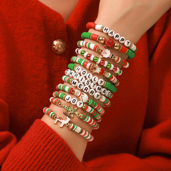 Wholesale Women's Minimalist Christmas Polymer Clay Bracelet With Snowflake And Christmas Tree Pendant