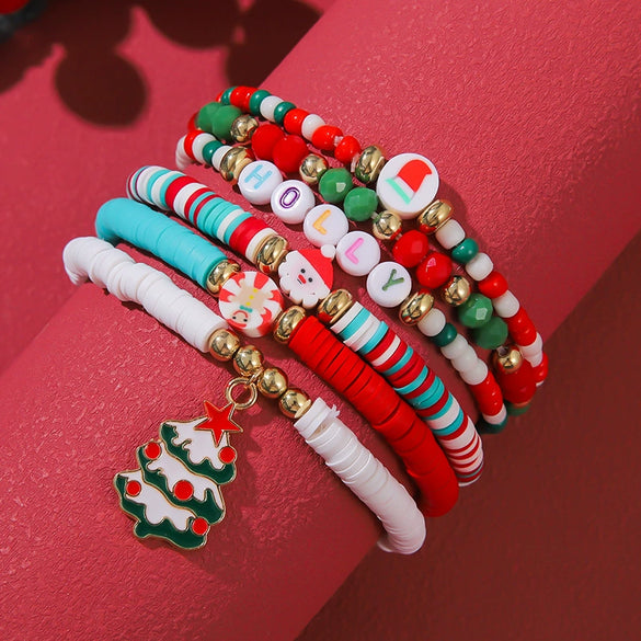 Wholesale Women's Minimalist Christmas Polymer Clay Bracelet With Snowflake And Christmas Tree Pendant