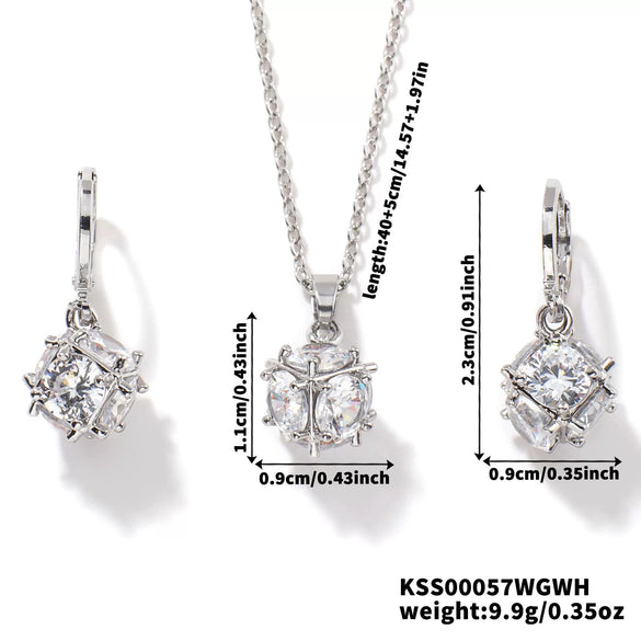 Wholesale Women's Minimalist Copper Silver Necklace Earrings Set With Round Pattern And Electroplating Treatment Sixsided Stone Pendant O Chain