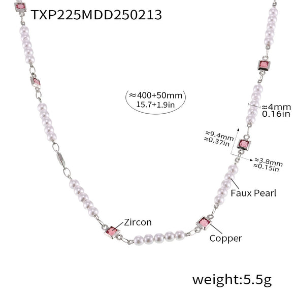 Wholesale Women's Minimalist Ferris Wheel Inlaid Square Zircon Imitation Pearl Titanium Steel Electroplated Necklace And Bracelet Jewelry Set