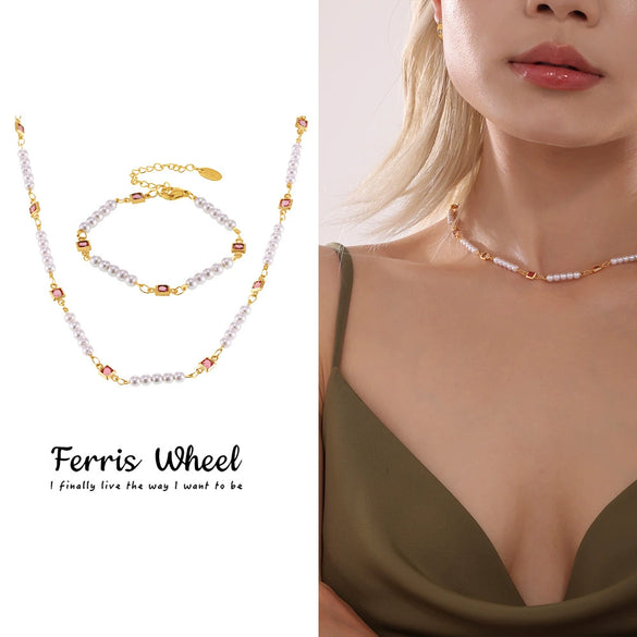 Wholesale Women's Minimalist Ferris Wheel Inlaid Square Zircon Imitation Pearl Titanium Steel Electroplated Necklace And Bracelet Jewelry Set