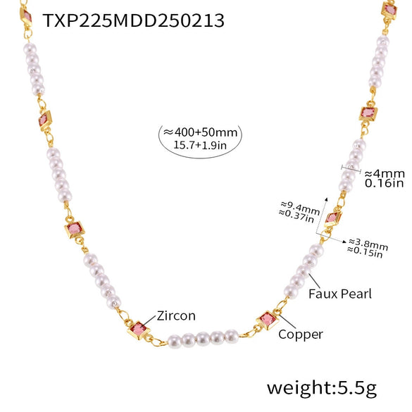 Wholesale Women's Minimalist Ferris Wheel Inlaid Square Zircon Imitation Pearl Titanium Steel Electroplated Necklace And Bracelet Jewelry Set